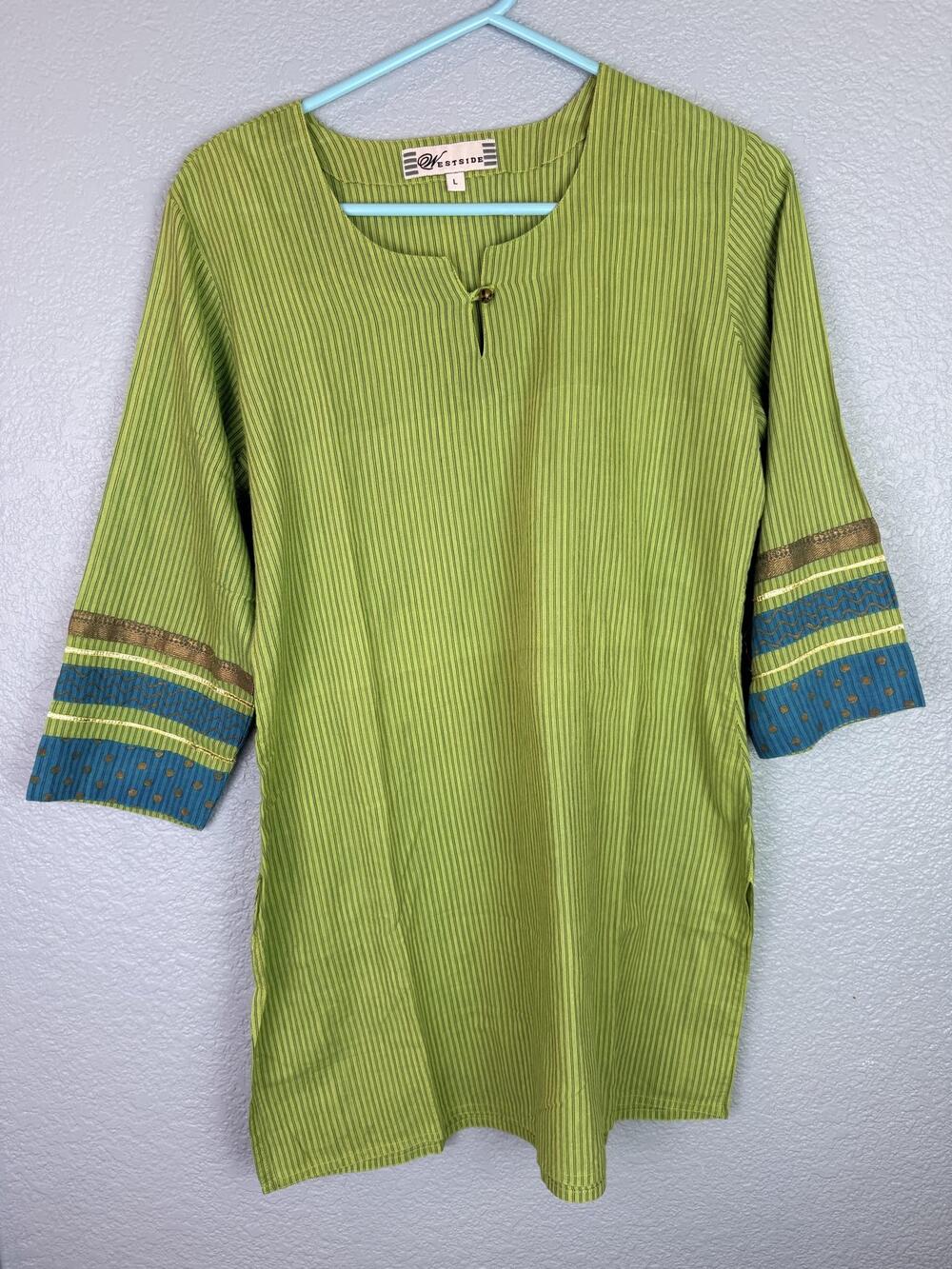 Westside Tunic Top Womens Large Green Striped Cotton 3/4 Sleeve Boho Kurta India